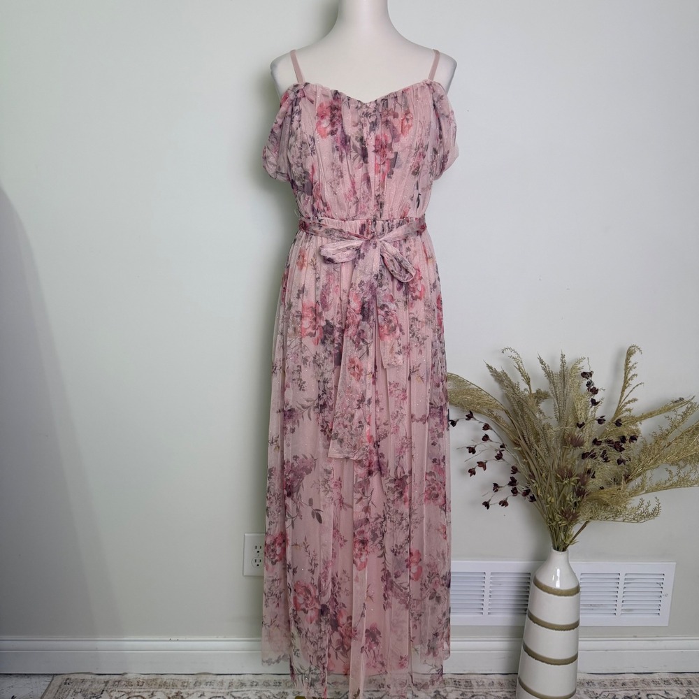 Candalite Pink Floral Glitter Mesh Cold Shoulder Maxi Dress Medium Belted Formal